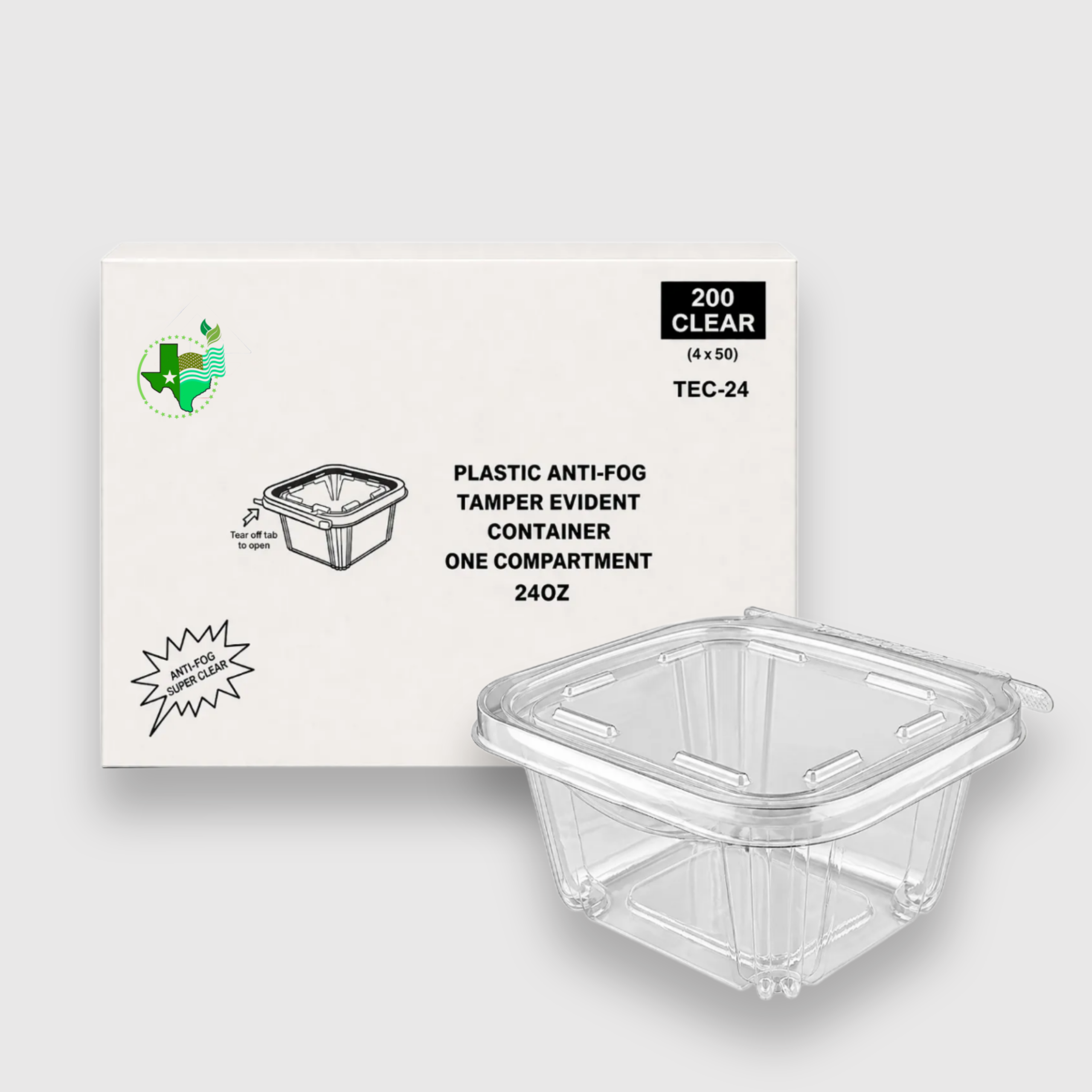 [200ct] Clear 24 oz Anti-Fog Tamper-Evident Hinged Containers