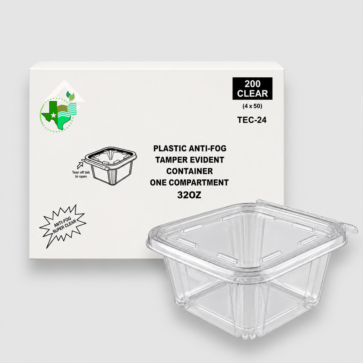 [200ct] Clear 32 oz Anti-Fog Tamper-Evident Hinged Containers